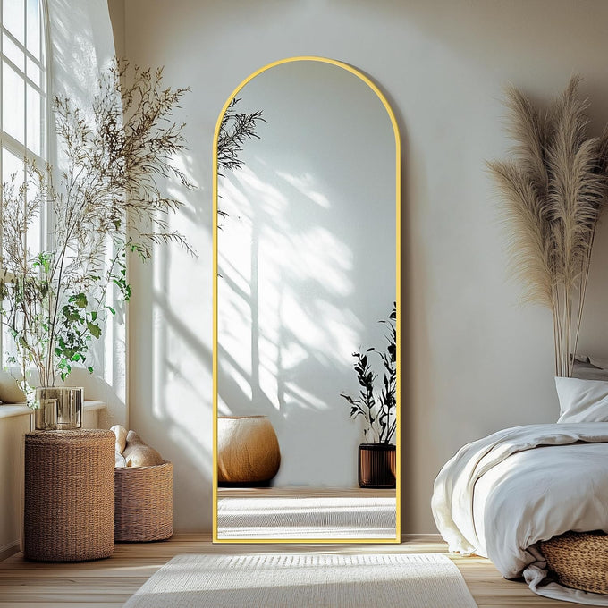 Delma Arched Full Length Mirror with Stand, Black Floor Mirror