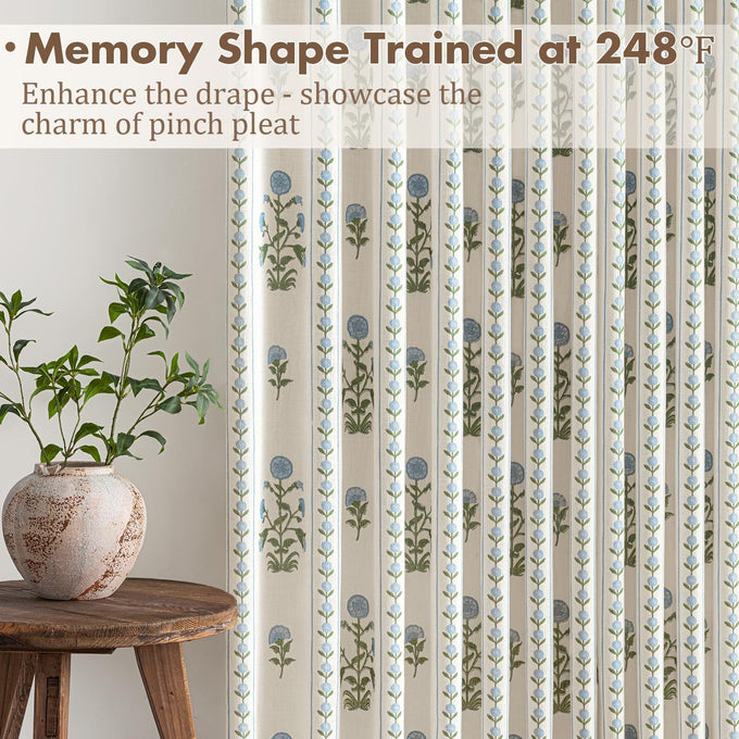 Floral Pinch Pleated Linen Curtains,Blue & Beige White,40" W x 96" L
