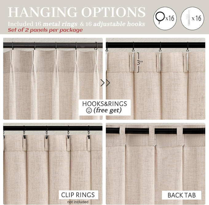 PleatedDrapes Light Filtering Primitive for Living Room, Thick Linen Semi Sheer Curtains 96 Inches Long 2 Panels Set Rustic Country Oatmeal Beige Curtains Patio Door Window Drapes Window Treatments
