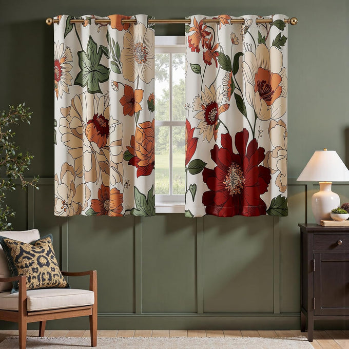 jinchan Beige Boho Floral Blackout Curtains 63 Inch Grommet 2 Panels