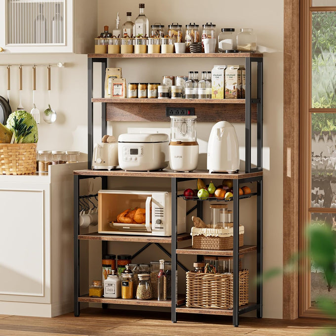 SUPERJARE Bakers Rack with Power Outlet, 35.4 Inches Coffee Bar with Basket