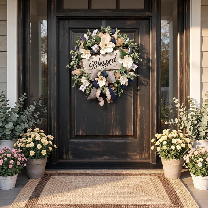 Spring Summer Wreath for Front Door,Farmhouse White Floral Porch Decor