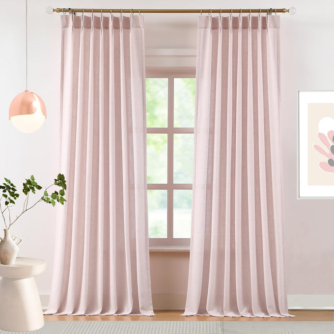 Hillcrest Soft Pink Pinch Pleated Linen Semi Sheer Curtains 120 Inch Long