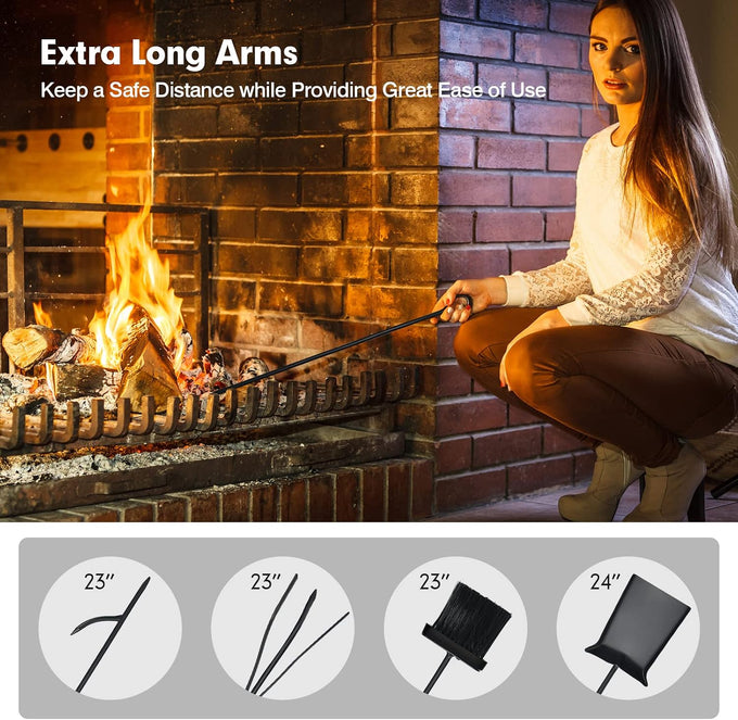 Tangkula 30 Inch Firewood Rack with 4 Tools Set, Fire Log Holder Storage Set with Brush, Shovel, Poker and Tongs, Fireplace Log Rack with Kindling Holders for Indoors and Outdoors