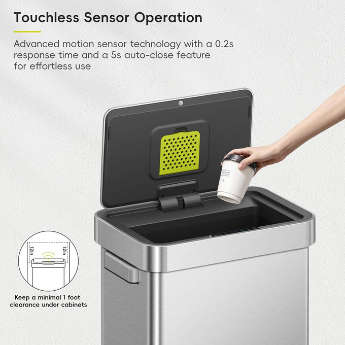 EKO Deluxe Mirage-T 50 Liter / 13.2 Gallon Touchless Rectangular Motion Sensor Trash Can or Recycling Bin, Matte Stainless Steel Finish