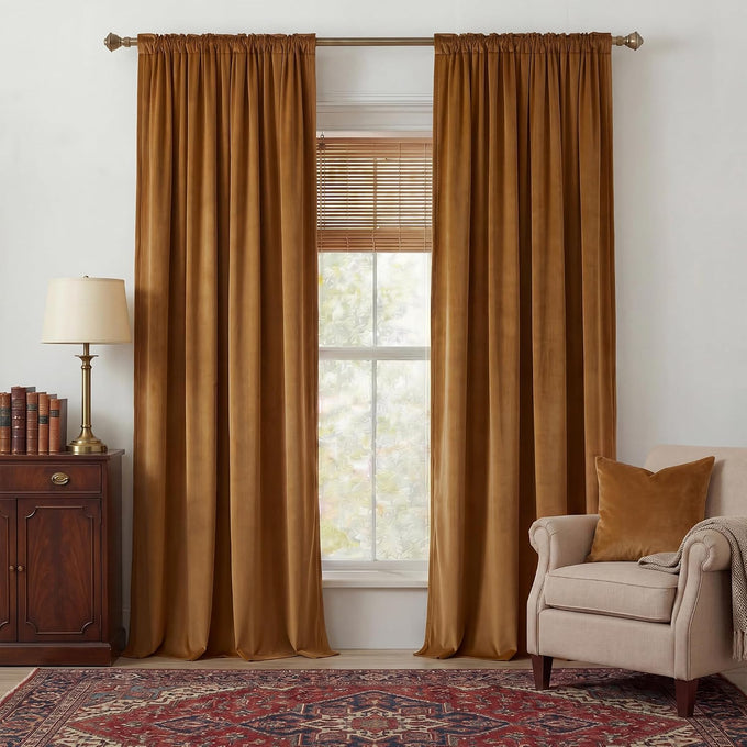 NICETOWN Gold Brown Velvet Curtains for Living Room, 2 Panels, W52 x L144