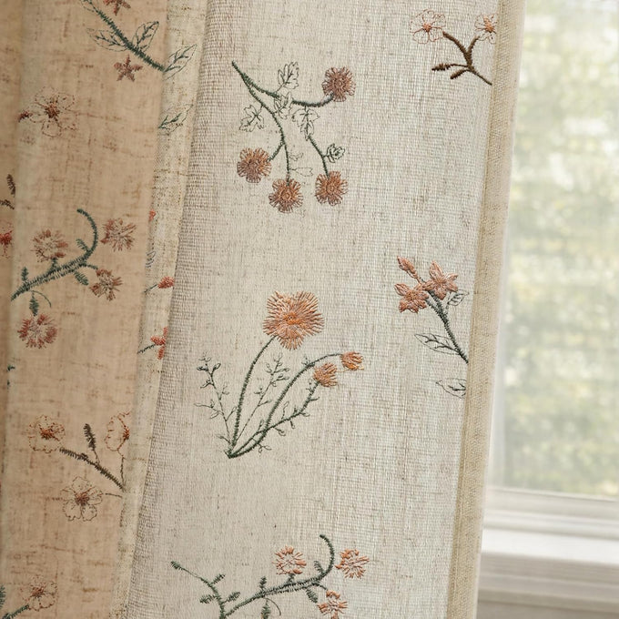 Boho Floral 100% Blackout Curtains 84 Inch 2 Panels Linen Texture