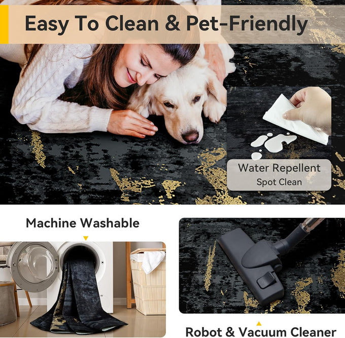 RELEANY Washable 8'x10' Abstract Area Rug for Living Room Black Gold