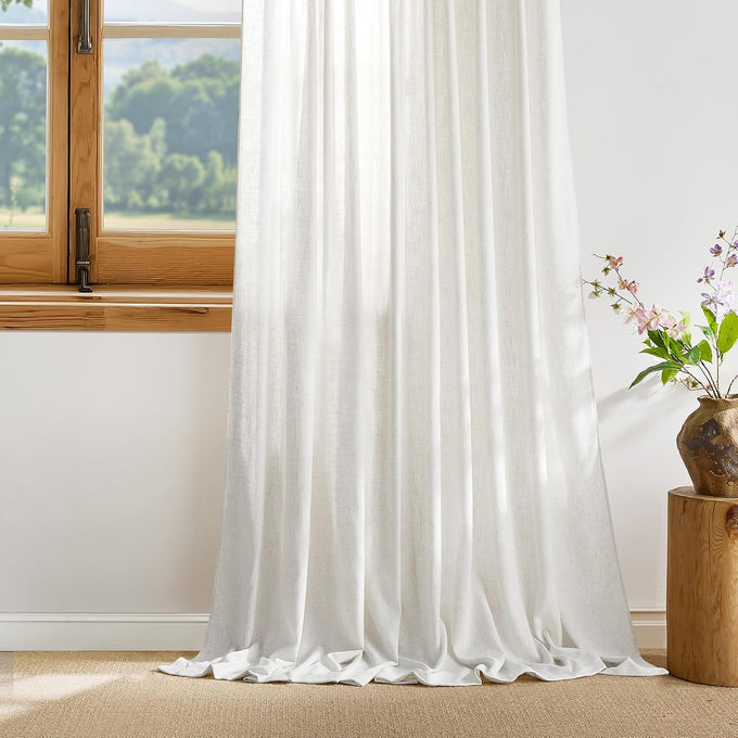 NICETOWN Thick Linen Curtains 96 Inches Long for Living Room 2 Panels Set, Back Tab/Rod Pocket with Pleat Tape Privacy Added Window Treatments for Farmhouse/Bedroom, Vanilla, W55 x L96