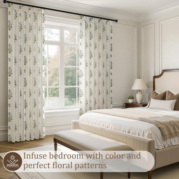 Floral Pinch Pleated Linen Curtains,Blue & Beige White,40" W x 96" L