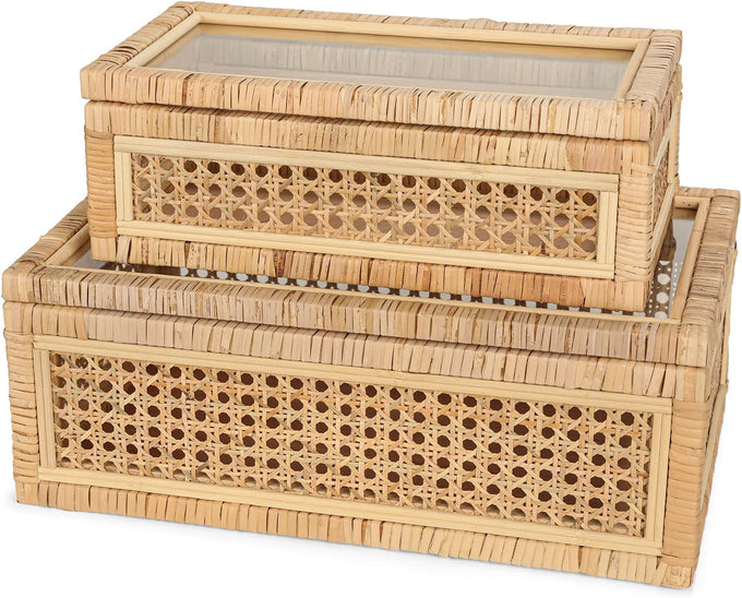 Large Handwoven Boho Rattan Display Boxes with Glass Lids Set of 2