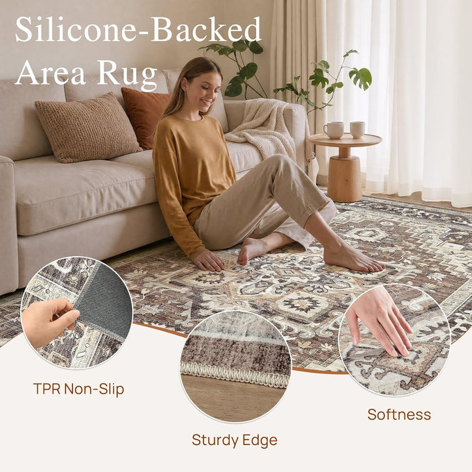 DTICON Vintage Washable 8x10 Area Rug Living Room Rugs, Dark Brown