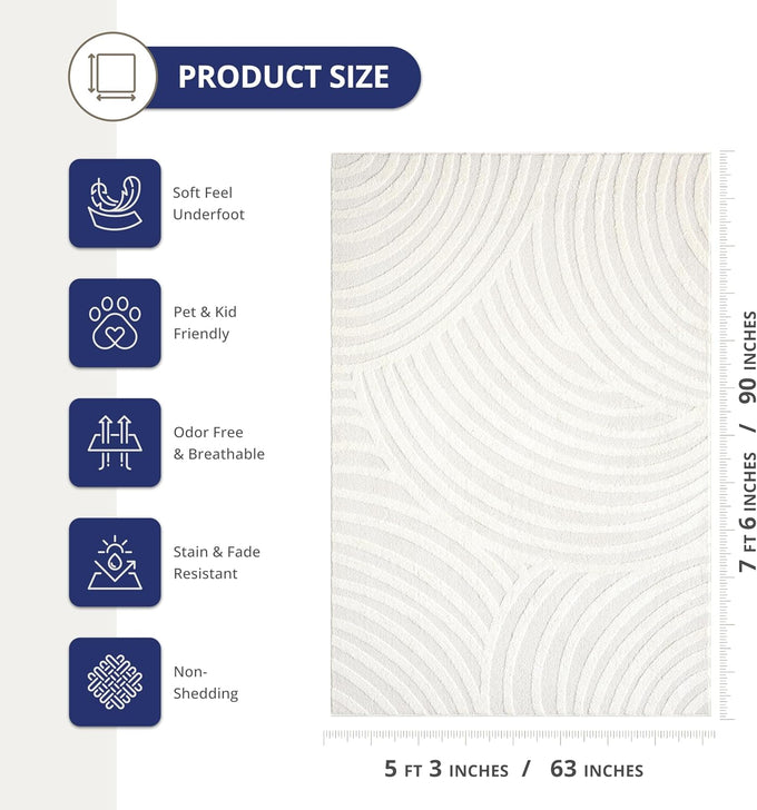 Abani Nomad Cream Tone-on-Tone Area Rug 5' x 8' for Living Room, Bedroom - Linear Curves Pattern - Durable & Easy to Clean