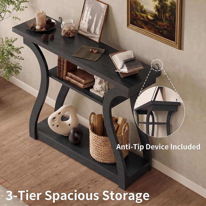 Wood Console Table, 3-Tier Accent Sofa Table (Black)