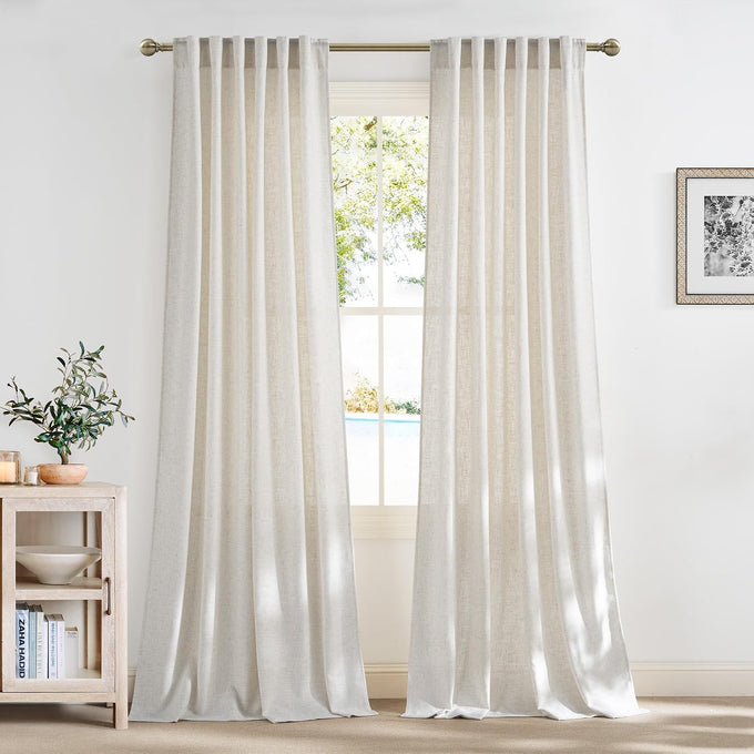 NICETOWN Thick Linen Curtains 96 Inches Long for Living Room 2 Panels Set, Back Tab/Rod Pocket with Pleat Tape Privacy Added Window Treatments for Farmhouse/Bedroom, Vanilla, W55 x L96