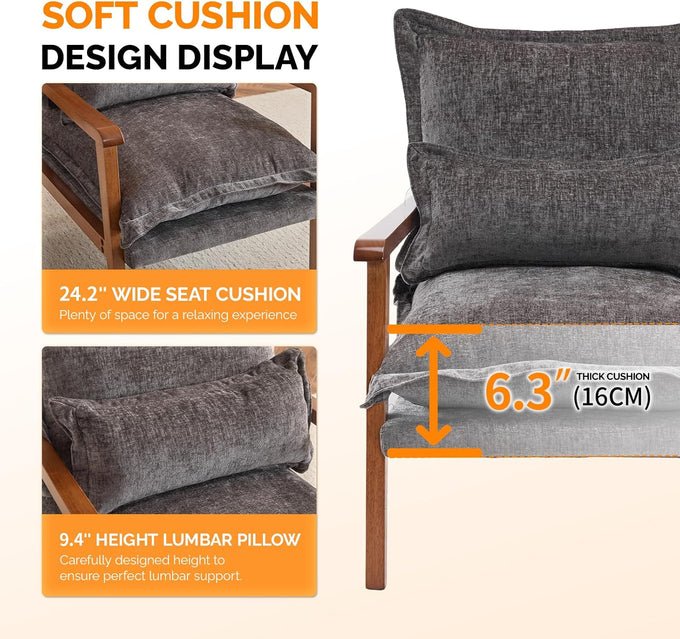 VINGLI Mid-Century Modern Cloud Accent Armchair with Lumbar Pillow, 6.3'' Thick Seat Cushion Comfortable Reading Chair with Wooden Armrests，Boho Lounge Chair for Bedroom, Living Room, Chenille, Grey