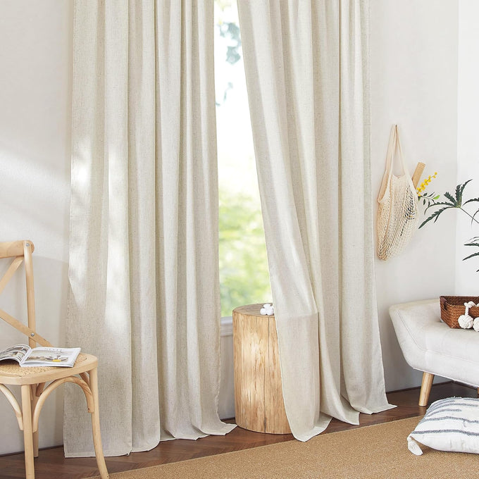 NICETOWN Natural Thick Linen 120 inch Curtains, Pinch Pleated/Rod Pocket/Back Tab Privacy Added Window Treatments with Light Filtering for Bedroom/Living Room, W52 x L120, 2 Panels