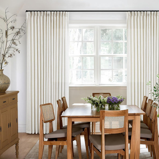 TWODRAPES 90 Inch Pinch Pleated Linen Textured Curtains 2 Panels, Natural