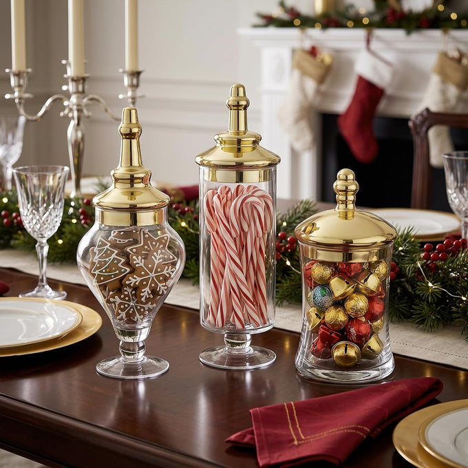 MyGift 3 Piece Clear Glass Apothecary Jars with Metallic Brass Tone Lids
