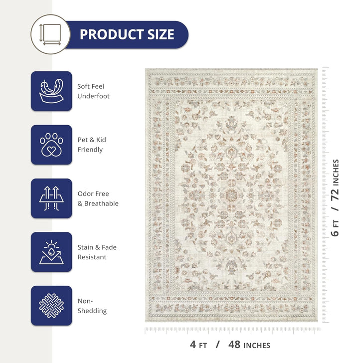Abani Oriental & Vintage Area Rug - 4'x6' Beige Rectangle Rug for Living Room & Bedroom - Alara Vintage Collection