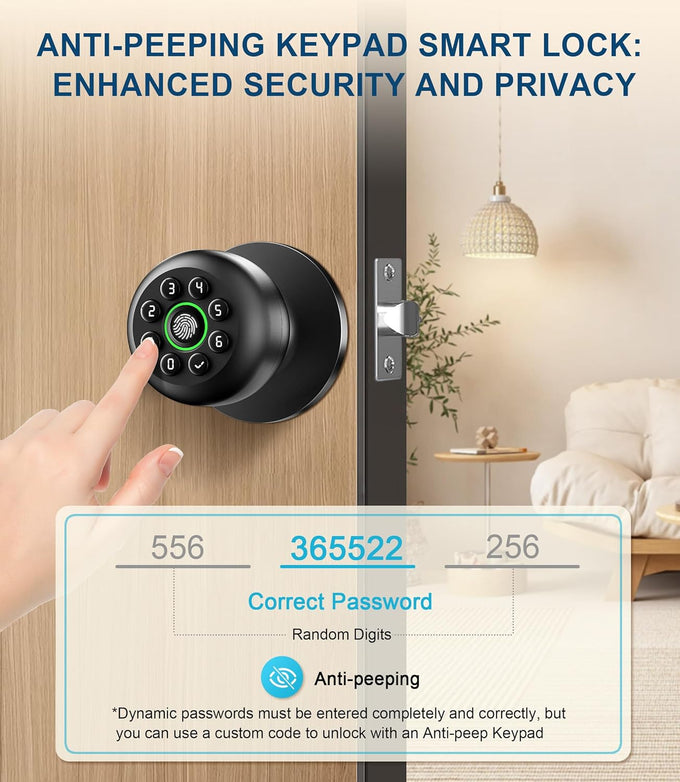 Smart Fingerprint Door Knob with Keypad, Fingerprint Door Lock, Matte Black