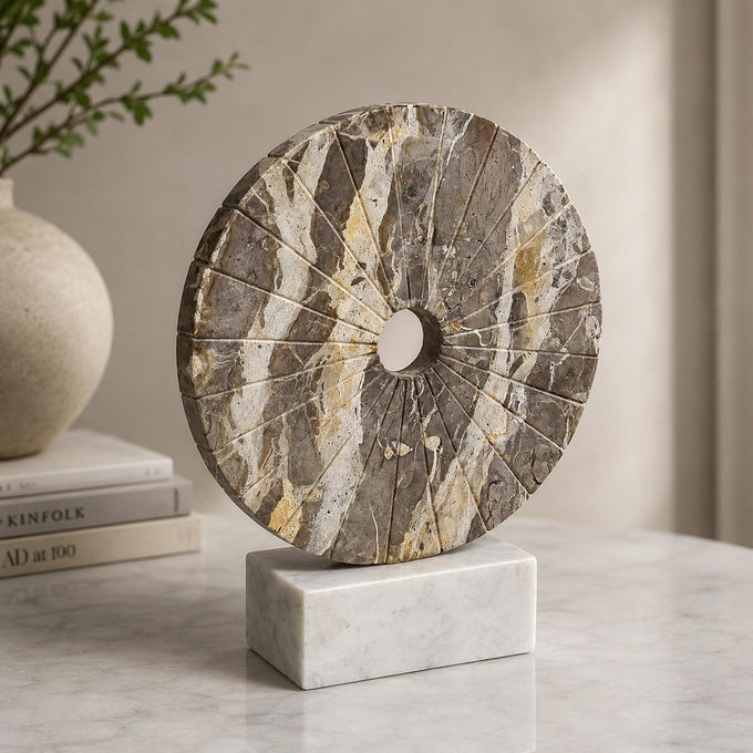 Helios Wheel - Sculptural Beige and White Marble Decorative Object - Tabletop Accent