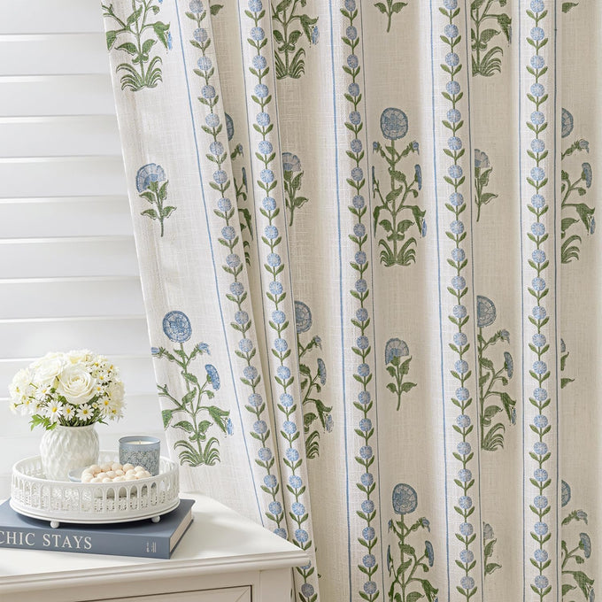 Floral Pinch Pleated Linen Curtains,Blue & Beige White,40" W x 96" L