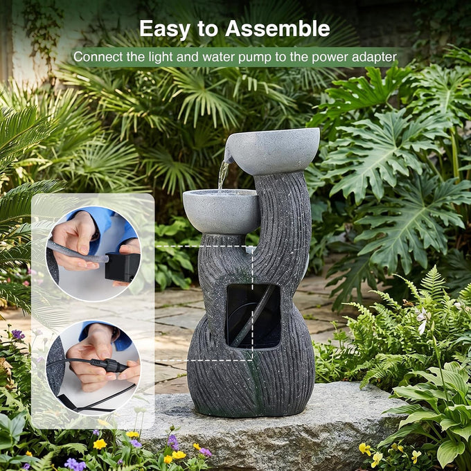 Giantex 3-Tier Outdoor Water Fountain with Lights, 18.5 Inch Cascading Bowls Tabletop Fountain with Pump, Resin Garden Waterfall Feature for Indoor Outdoor Patio, Yard, Porch Decor