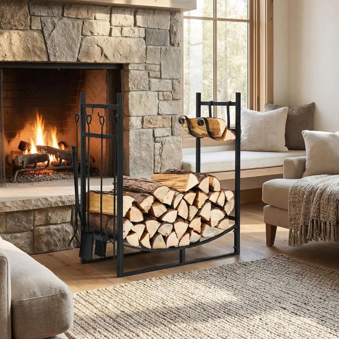 Tangkula 30 Inch Firewood Rack with 4 Tools Set, Fire Log Holder Storage Set with Brush, Shovel, Poker and Tongs, Fireplace Log Rack with Kindling Holders for Indoors and Outdoors