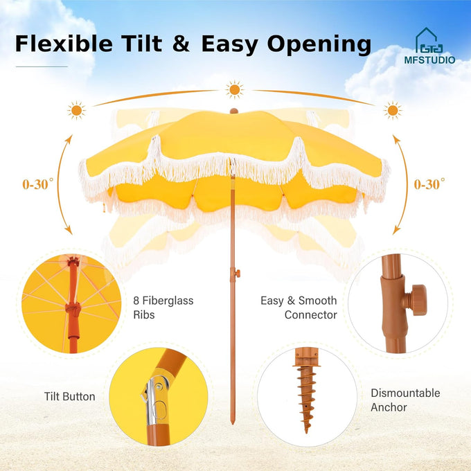 7ft Patio Beach Umbrella with Fringe, Outdoor Umbrella for Poolside, Yellow
