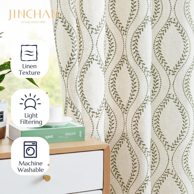 jinchan Boho Linen Curtains 63 Inch Green on Beige Grommet 2 Panels