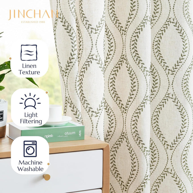 jinchan Boho Linen Curtains 63 Inch Green on Beige Grommet 2 Panels