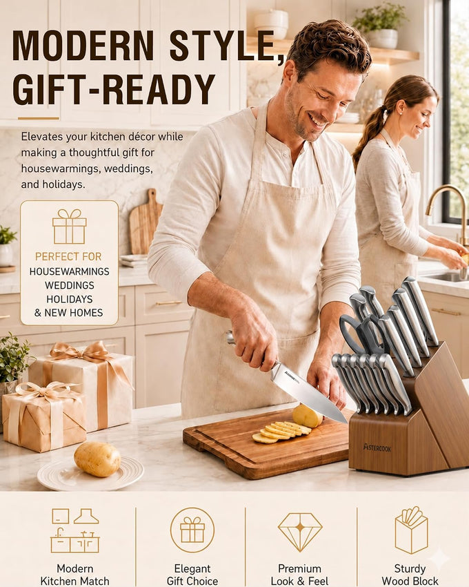 Astercook Knife Set 15 Piece German Steel Kitchen Knife Block Set