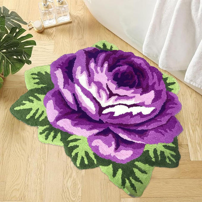 ABREEZE 4 Rose Rug Floor Runner Handmade Rug Purple Floral Mats Anti-Slip(Non-Slip) Modern Carpet Washable Floor Mats for Bedroom/Sofa/Bathroom (4 Roses Runner, Purple)