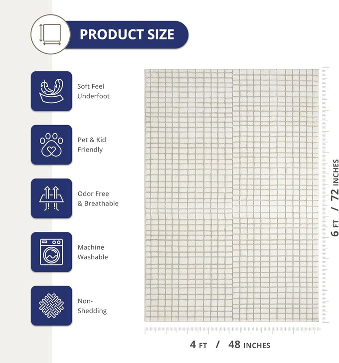 Abani Cream Grid Textured Area Rug - 4' x 6' - Chunky, Plush and Soft Washable Carpet - Perfect for Living Room & Bedroom - Plush Deco Collection