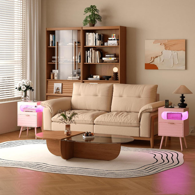Veegle Nightstand,Modern Bedside Table with Storage Drawer and Open Wood Shelf, Accent Night Stand with Solid Wood Legs for Living Room, Bedroom and Small Spaces,Easy Assembly (Pink-1)