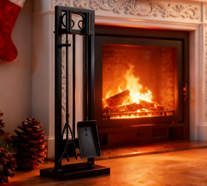 Kingson 5-Piece Heavy Duty Wrought Iron Fireplace Tool Set - Durable Indoor & Outdoor Fireplace Accessories with Decorative Black Finish - Stylish and Functional Hearth Décor for Fireplaces