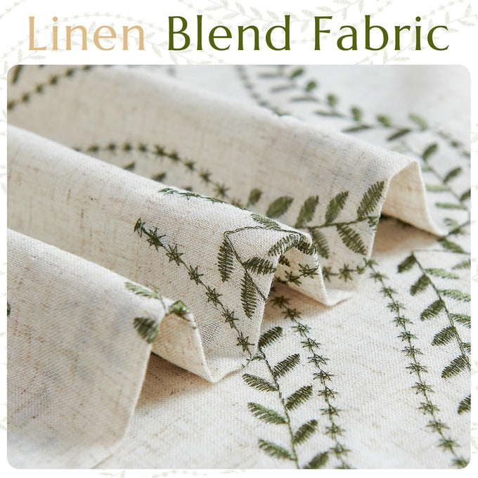 jinchan Boho Linen Curtains 63 Inch Green on Beige Grommet 2 Panels