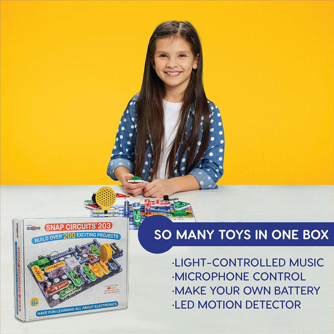 SNAP CIRCUITS 203 STEM Electronics Kit for ages 8 and up, featuring over 200 engaging projects to explore electrical engineering basics with 40+ snap-together components.