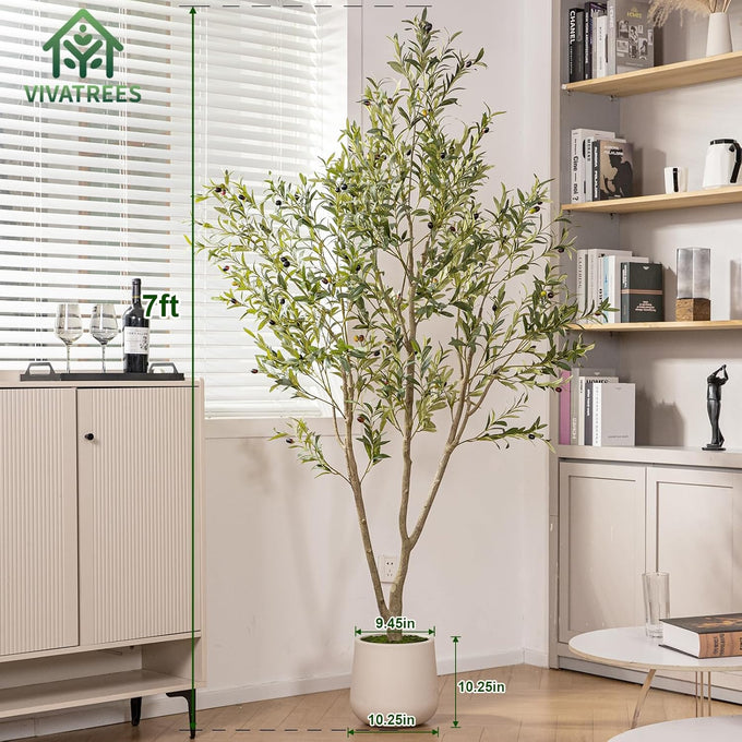 VIVATREES Olive Trees Artificial Indoor, 7FT Tall Faux Olive Tree with White Tall Planter, Artificial Plants with Natural Wood Trunk and Lifelike Fruits for Home Office Decor