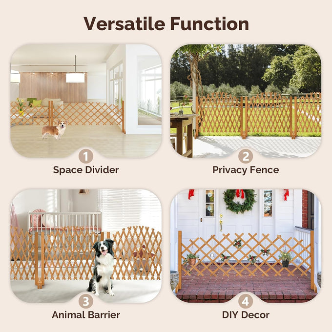 VINGLI 2Pcs Expandable Garden Fence with Arched Top, 31.5in Freestanding Lattice Fence, Solid Wood Retractable Trellis, Instant Room Divider, Extentable Pet Gate for Home Patio Yard (Teak)