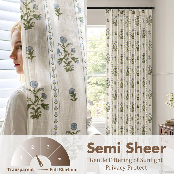 Floral Pinch Pleated Linen Curtains,Blue & Beige White,40" W x 96" L