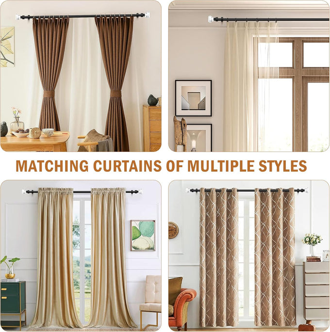 Black 2 Pack Window Treatment Single Curtain Rod, Adjustable Drapery Rod Set from 48 to 86 Inches with Crystal Finial Finials(4-7.2ft), 1-Inch Diameter Curtain Rods for Windows