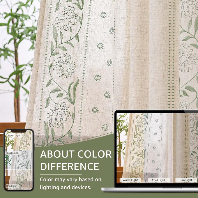 jinchan Sage Floral Linen Curtains for Living Room 84" Back Tab 2 Panels