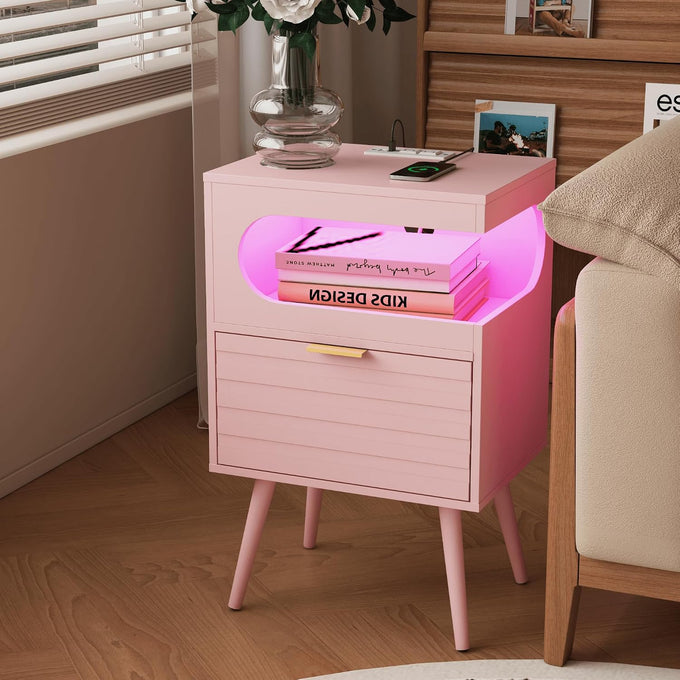 Veegle Nightstand,Modern Bedside Table with Storage Drawer and Open Wood Shelf, Accent Night Stand with Solid Wood Legs for Living Room, Bedroom and Small Spaces,Easy Assembly (Pink-1)