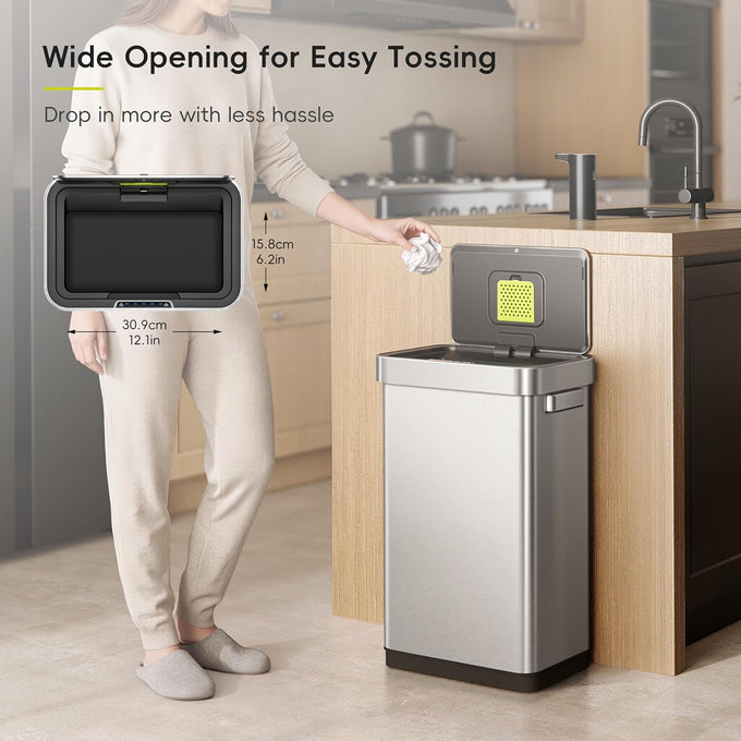EKO Deluxe Mirage-T 50 Liter / 13.2 Gallon Touchless Rectangular Motion Sensor Trash Can or Recycling Bin, Matte Stainless Steel Finish