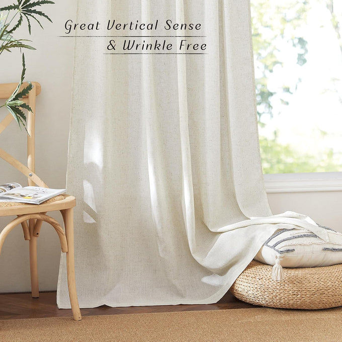 NICETOWN Natural Linen and polyester 102 inch Curtains for Bedroom, Back Tab & Rod Pocket with Pleat Tab Privacy Added with Light Filtering Window Treatments for Living Room, W52 x L102, 2 Panels