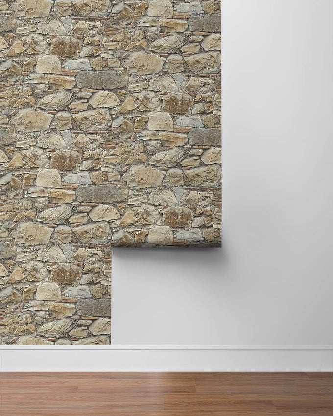 NextWall Faux Stone Wall Rustic Prepasted Wallpaper (Toffee & Ivory)