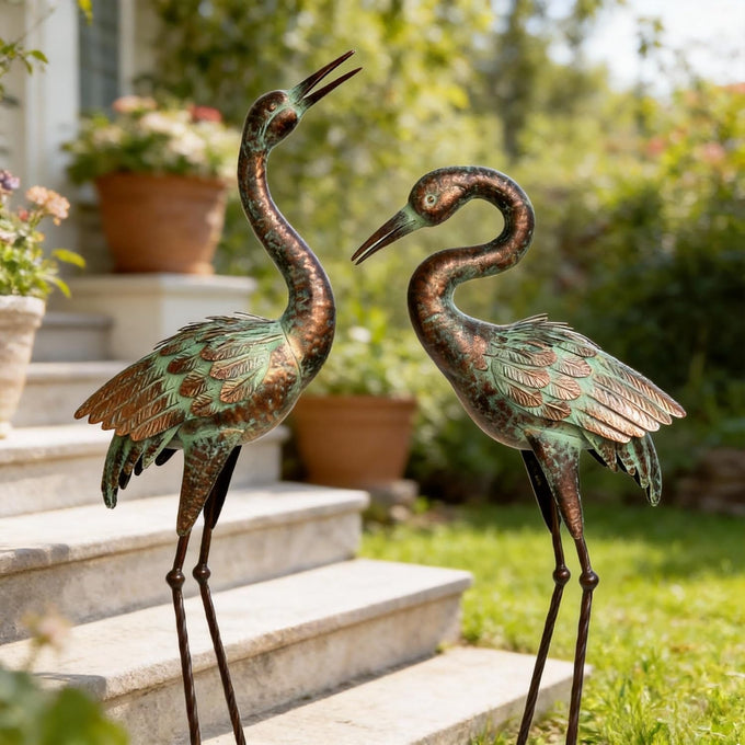 Shorayn Metal Heron Garden Statue Life-Size Crane Set Indoor Yard Decor Handmade Gift