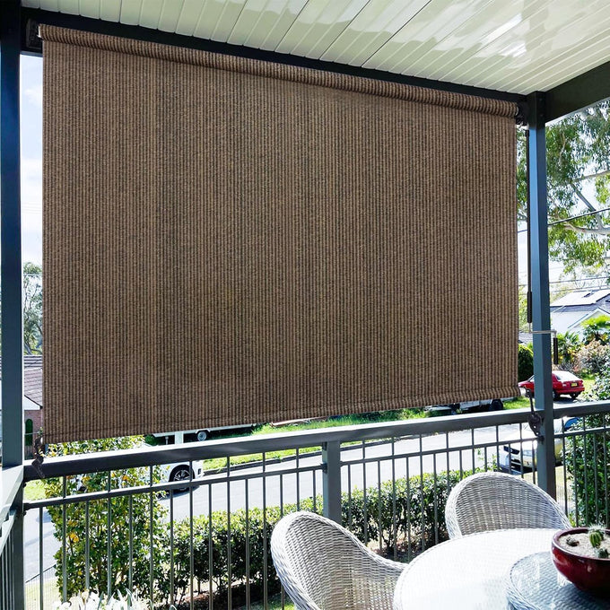 Amagenix Outdoor Roller Shades, 220GSM HDPE Exterior Cordless Patio Shades Roll Up Outdoor Blinds for Porch 8'(W) x 8'(H), Spliced of Two Sections, Mocha